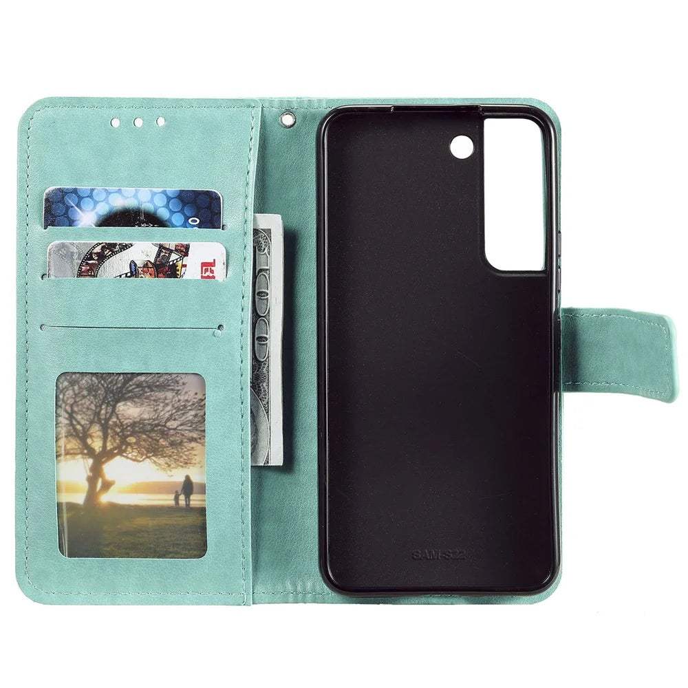 Imprinting Mandala Flower PU Leather + TPU Shockproof Phone Case with Wallet Stand for Samsung Galaxy S22+ 5G - Green - 4