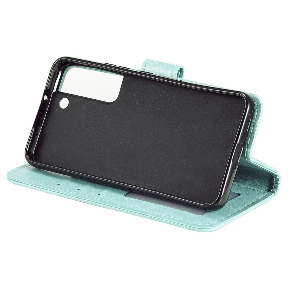 Imprinting Mandala Flower PU Leather + TPU Shockproof Phone Case with Wallet Stand for Samsung Galaxy S22+ 5G - Green - 5