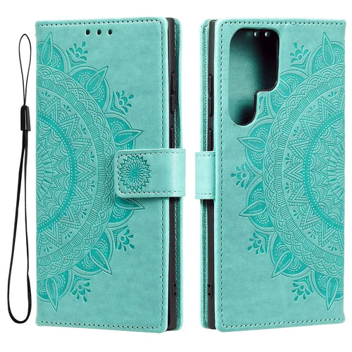 Magnetic Clasp Imprinting Mandala Flower Leather Shell Phone Wallet Stand Case with Strap for Samsung Galaxy S22 Ultra 5G - Green - 1