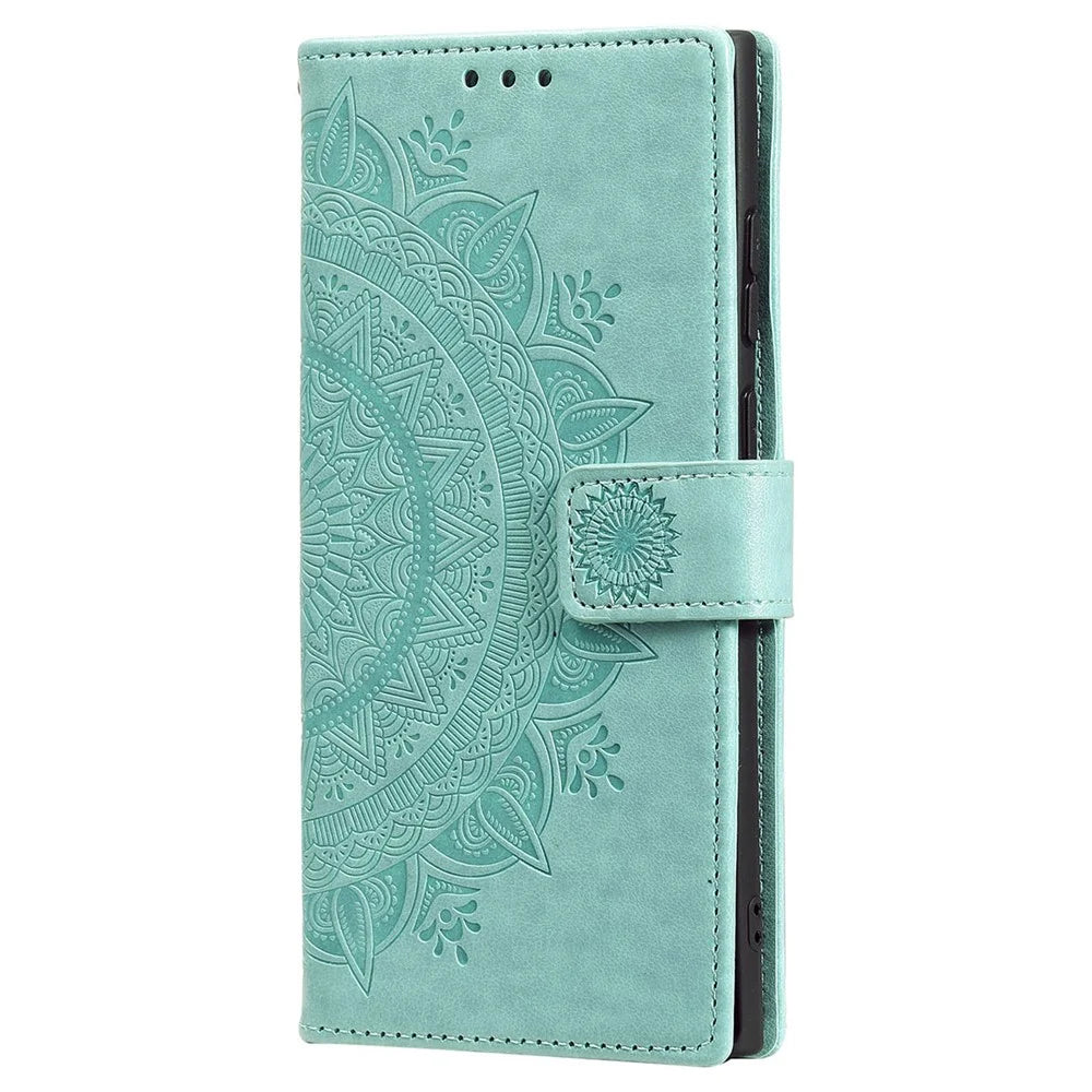 Magnetic Clasp Imprinting Mandala Flower Leather Shell Phone Wallet Stand Case with Strap for Samsung Galaxy S22 Ultra 5G - Green - 2