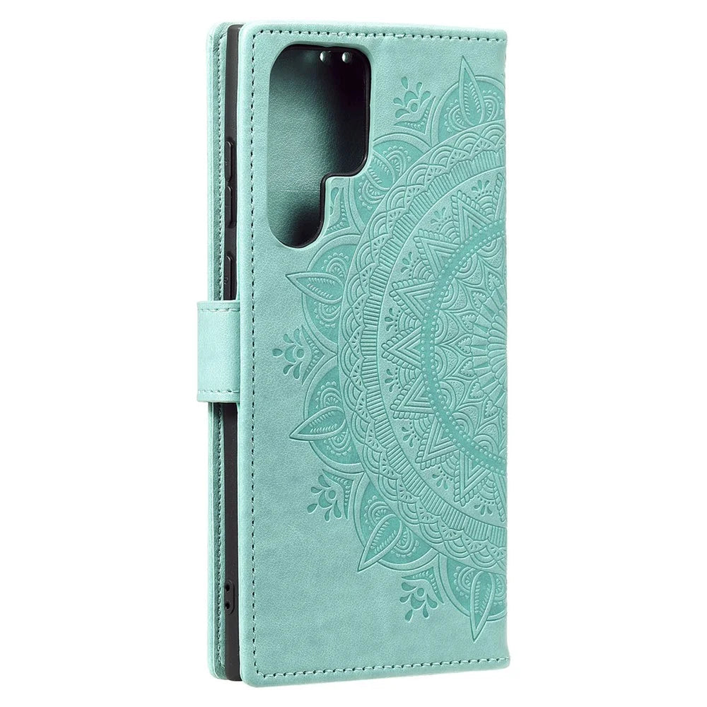 Magnetic Clasp Imprinting Mandala Flower Leather Shell Phone Wallet Stand Case with Strap for Samsung Galaxy S22 Ultra 5G - Green - 3