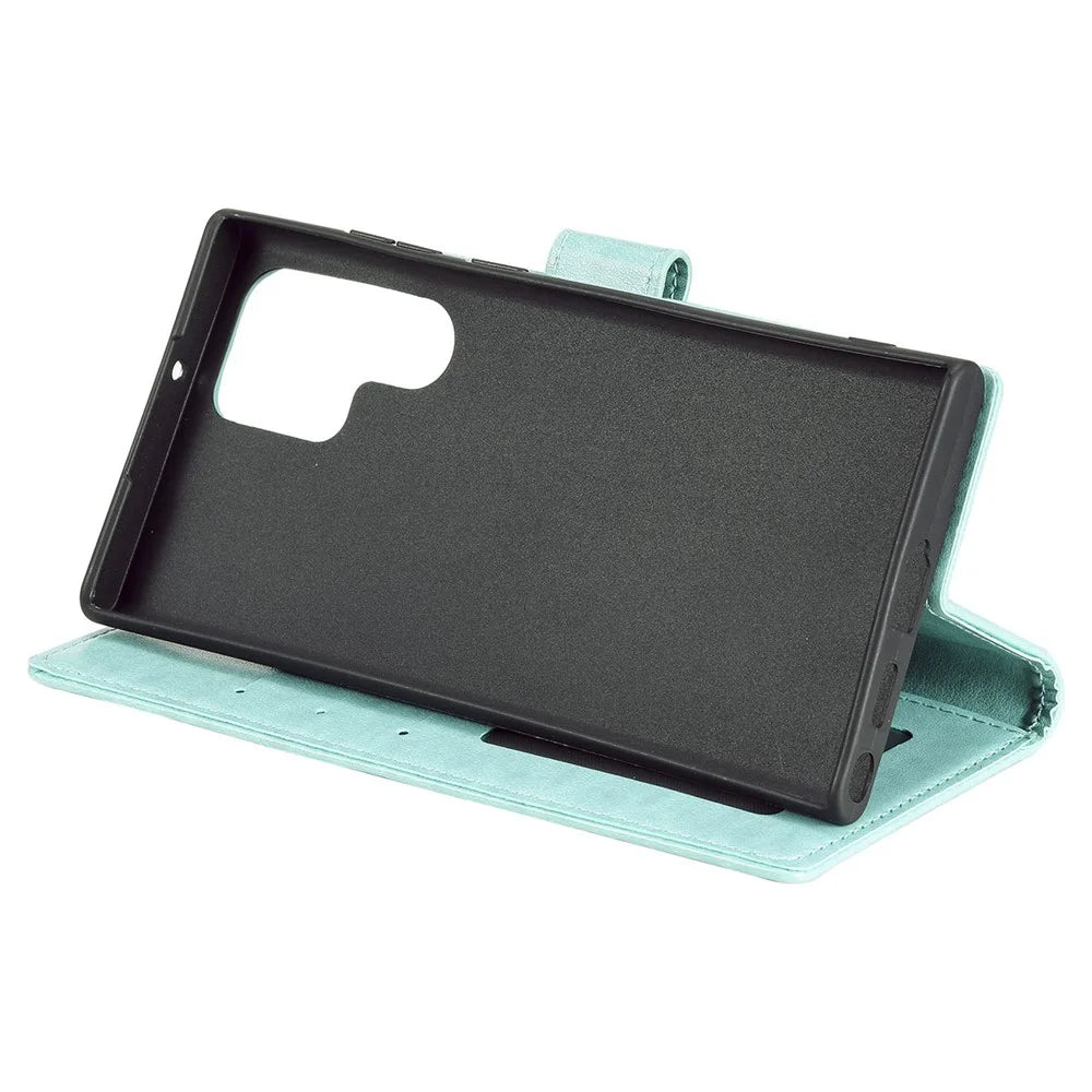 Magnetic Clasp Imprinting Mandala Flower Leather Shell Phone Wallet Stand Case with Strap for Samsung Galaxy S22 Ultra 5G - Green - 4
