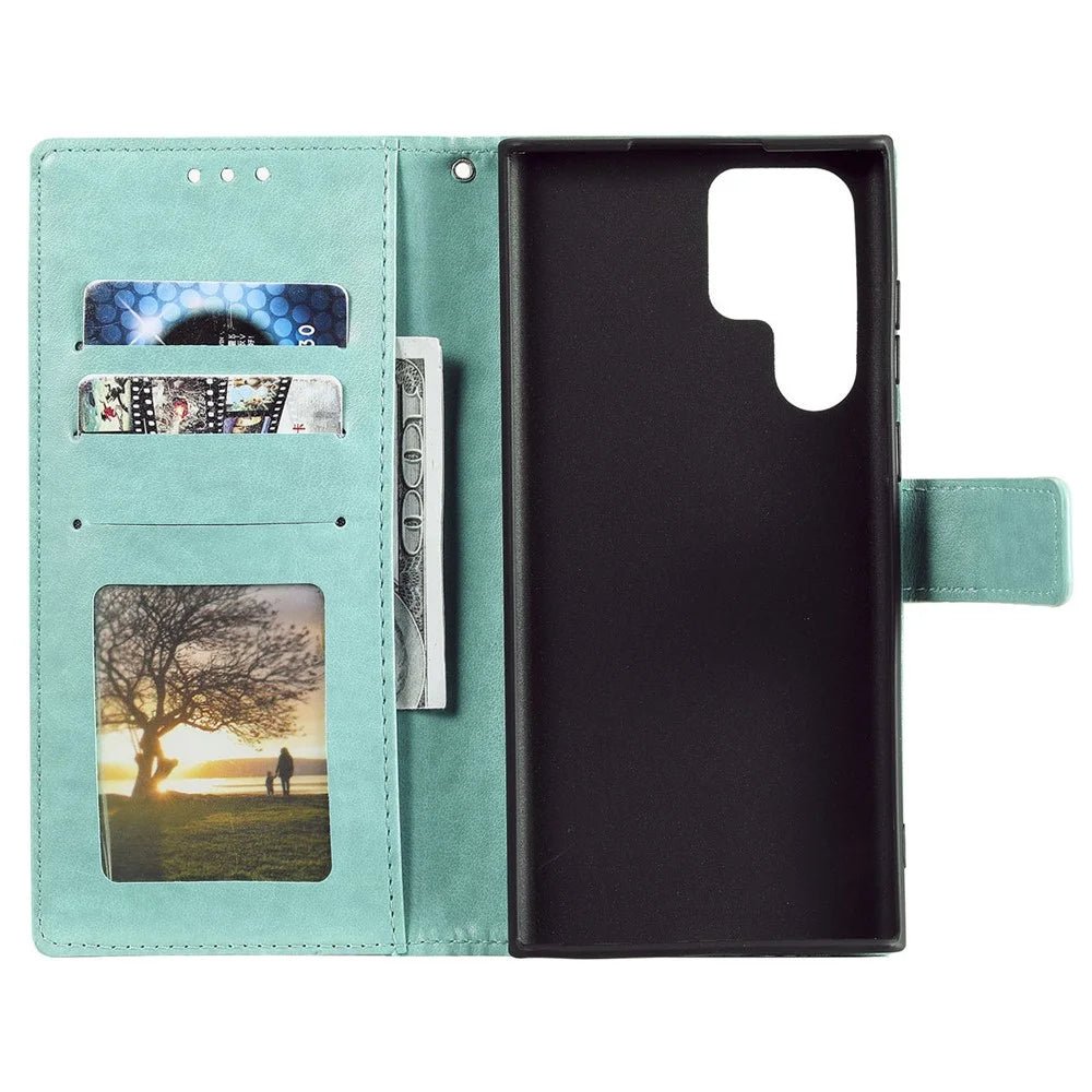 Magnetic Clasp Imprinting Mandala Flower Leather Shell Phone Wallet Stand Case with Strap for Samsung Galaxy S22 Ultra 5G - Green - 5