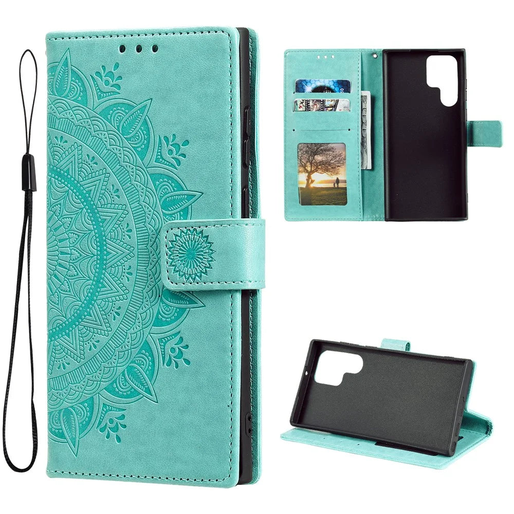 Magnetic Clasp Imprinting Mandala Flower Leather Shell Phone Wallet Stand Case with Strap for Samsung Galaxy S22 Ultra 5G - Green - 6