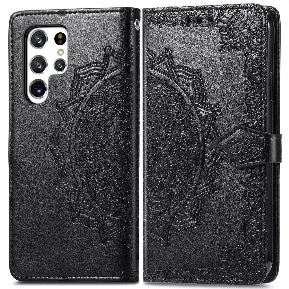 Stand Function Embossed Mandala Pattern Leather Flip Case Wallet Cover with Strap for Samsung Galaxy S22 Ultra 5G - Black - 1