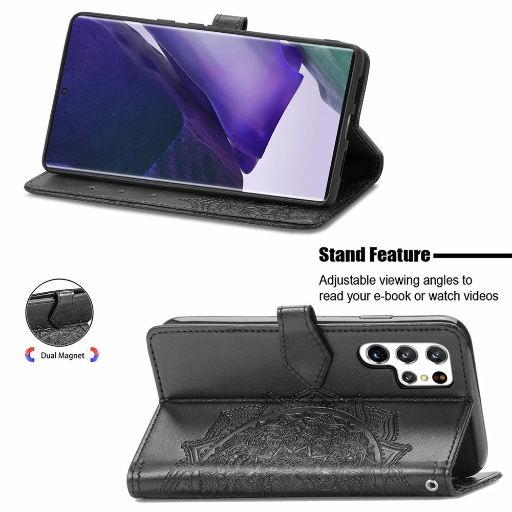 Stand Function Embossed Mandala Pattern Leather Flip Case Wallet Cover with Strap for Samsung Galaxy S22 Ultra 5G - Black - 2