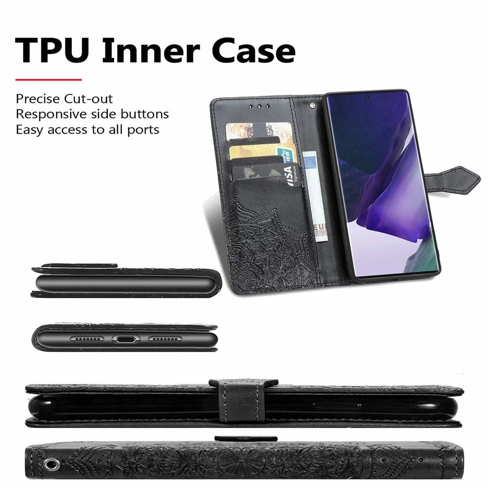 Stand Function Embossed Mandala Pattern Leather Flip Case Wallet Cover with Strap for Samsung Galaxy S22 Ultra 5G - Black - 4