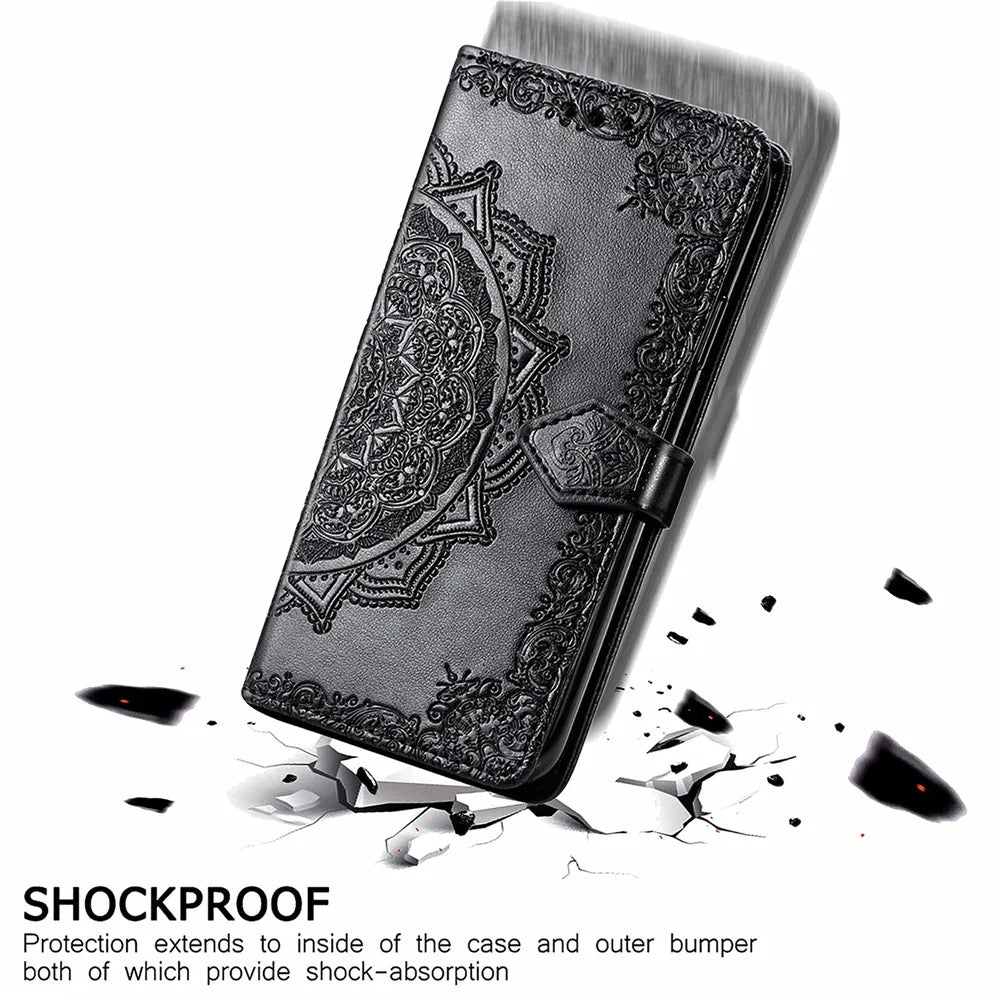 Stand Function Embossed Mandala Pattern Leather Flip Case Wallet Cover with Strap for Samsung Galaxy S22 Ultra 5G - Black - 5