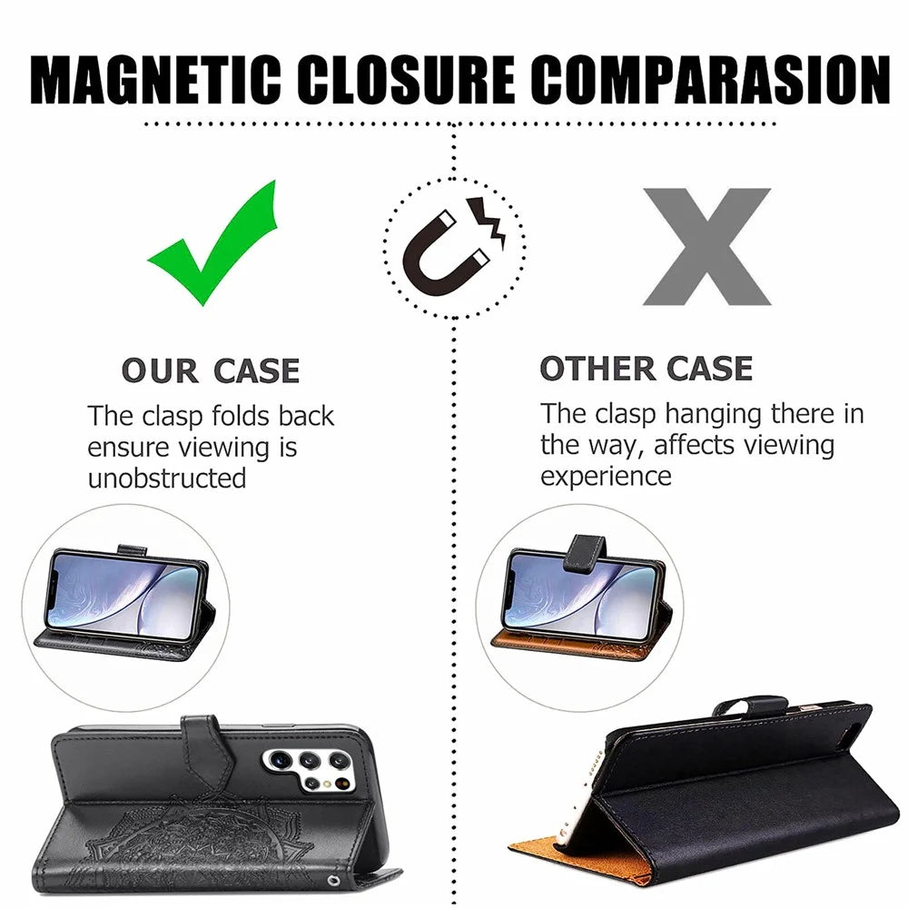 Stand Function Embossed Mandala Pattern Leather Flip Case Wallet Cover with Strap for Samsung Galaxy S22 Ultra 5G - Black - 6