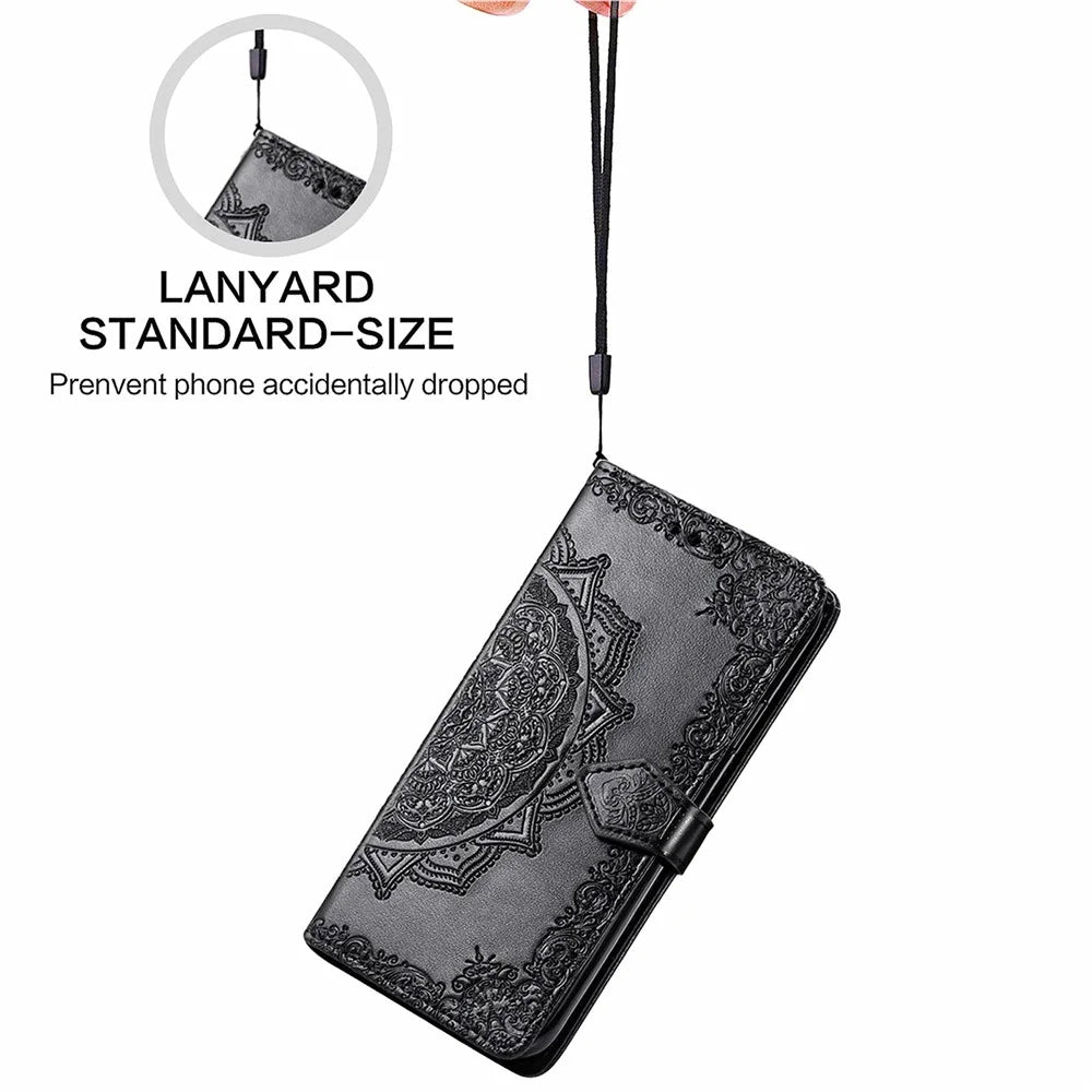 Stand Function Embossed Mandala Pattern Leather Flip Case Wallet Cover with Strap for Samsung Galaxy S22 Ultra 5G - Black - 7