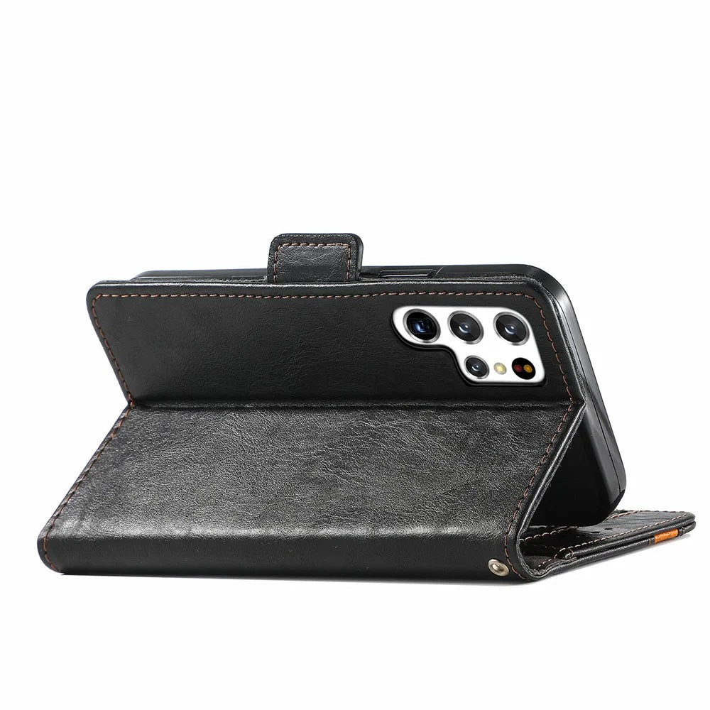 For Samsung Galaxy S22 Ultra 5G Phone Cases CASENEO PU Leather Cover Stand with RFID Blocking Wallet - Black - 5