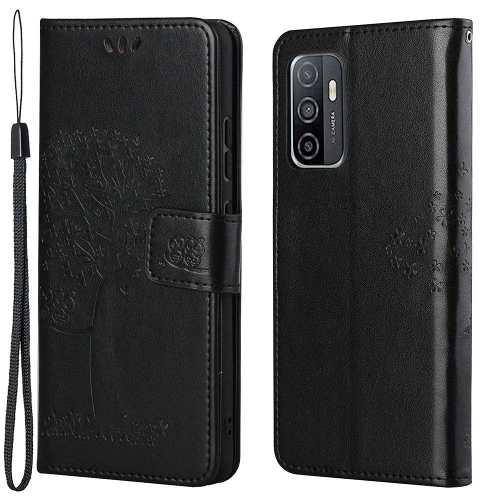 Owl Tree Imprinted Design PU Leather Flip Folio Case Wallet Stand Protective Cover with Strap for Samsung Galaxy A33 5G - Black - 1