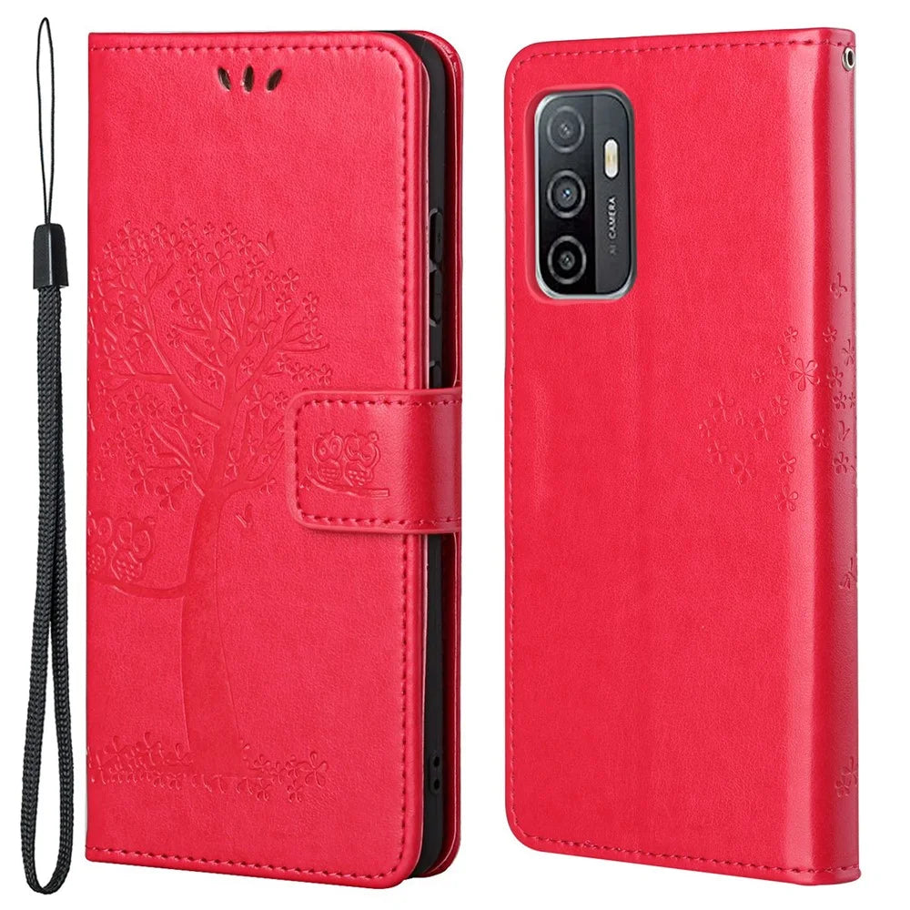 PU Leather Owl Tree Imprinted Wallet Flip Case Stand Magnetic Closure Folio Cover with Strap for Samsung Galaxy A53 5G - Red - 1