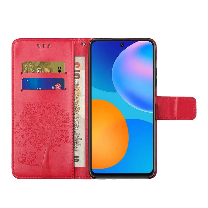 PU Leather Owl Tree Imprinted Wallet Flip Case Stand Magnetic Closure Folio Cover with Strap for Samsung Galaxy A53 5G - Red - 4