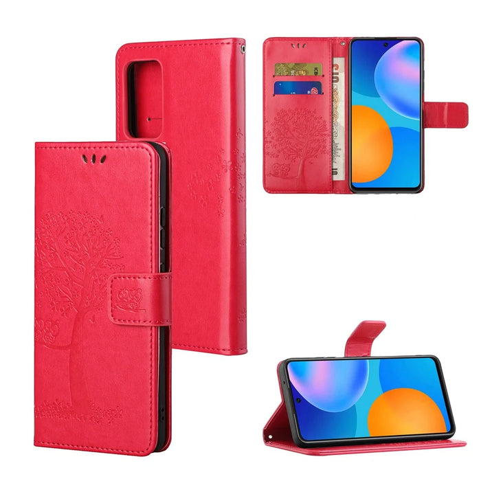 PU Leather Owl Tree Imprinted Wallet Flip Case Stand Magnetic Closure Folio Cover with Strap for Samsung Galaxy A53 5G - Red - 6