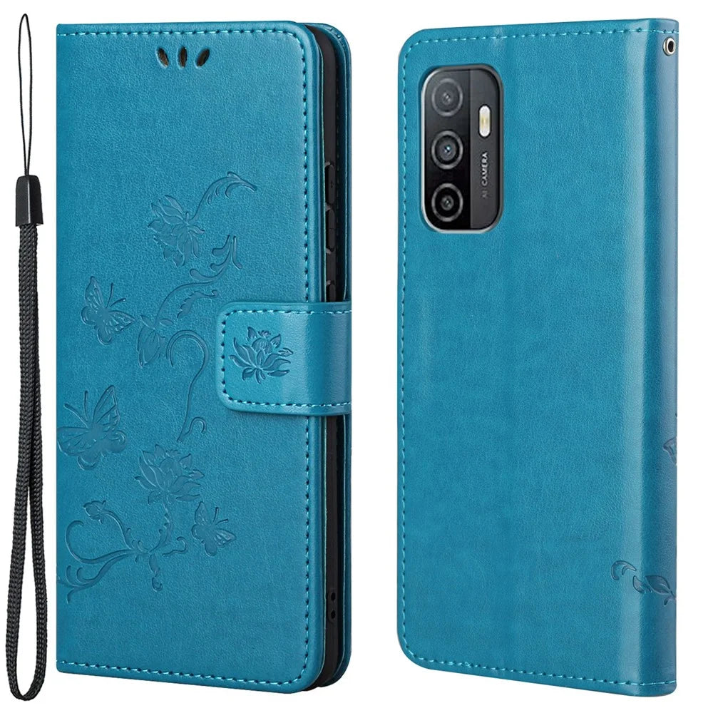 Practical Wallet Function Phone Case Imprinted Butterflies Flower Anti-fall PU Leather Protective Phone Stand Shell for Samsung Galaxy A33 5G - Blue - 1