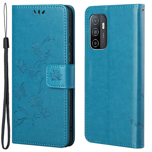 Practical Wallet Function Phone Case Imprinted Butterflies Flower Anti-fall PU Leather Protective Phone Stand Shell for Samsung Galaxy A33 5G - Blue - 1