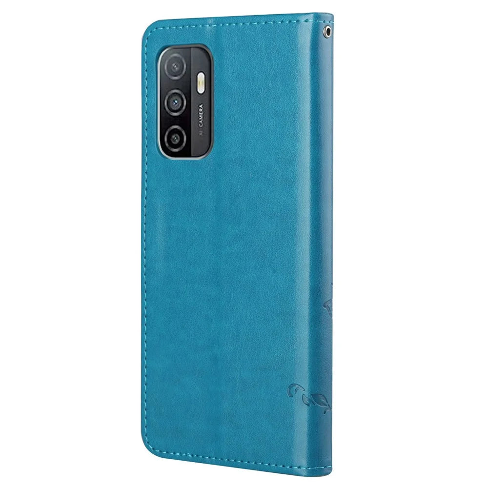Practical Wallet Function Phone Case Imprinted Butterflies Flower Anti-fall PU Leather Protective Phone Stand Shell for Samsung Galaxy A33 5G - Blue - 3