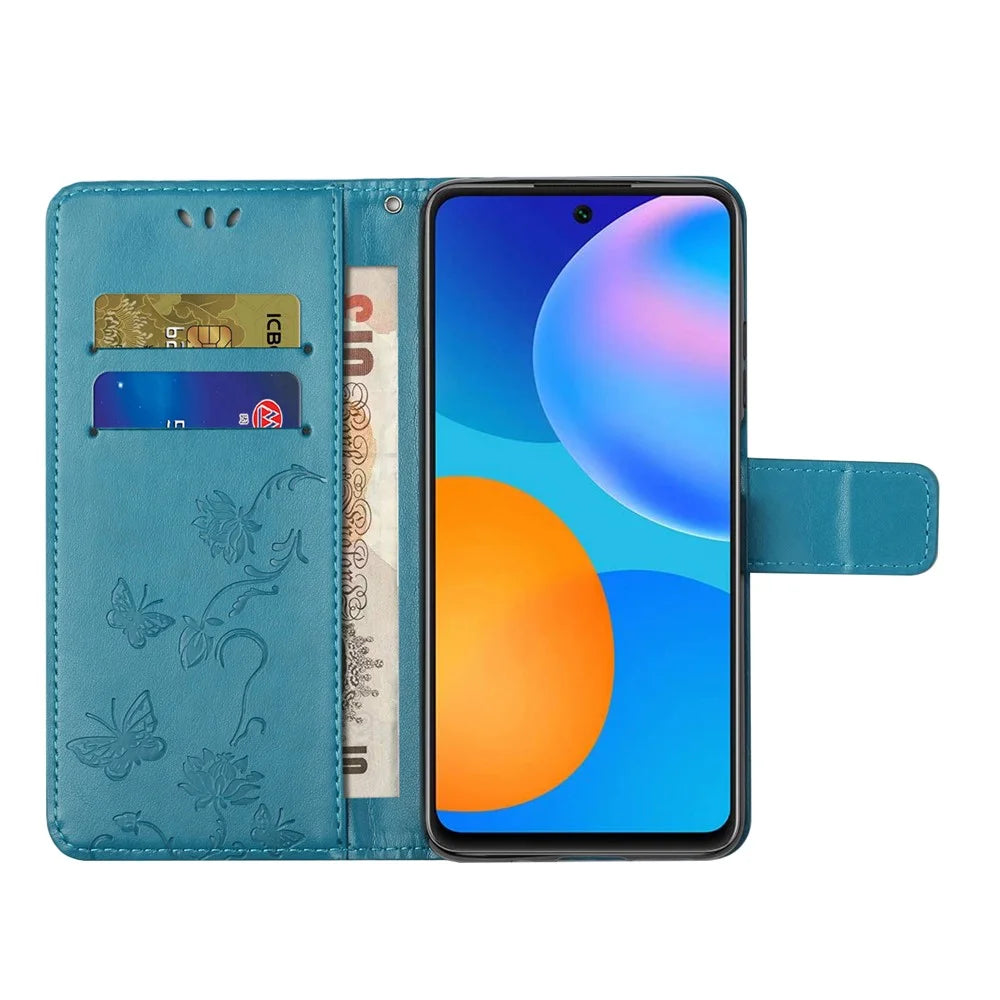 Practical Wallet Function Phone Case Imprinted Butterflies Flower Anti-fall PU Leather Protective Phone Stand Shell for Samsung Galaxy A33 5G - Blue - 5