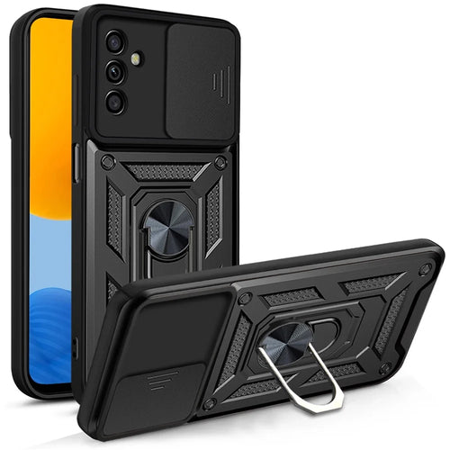 Well-protected Drop-proof Camera Slide Cover Ring Holder Kickstand Design PC + TPU Phone Cover Case for Samsung Galaxy M52 5G - Black - 1