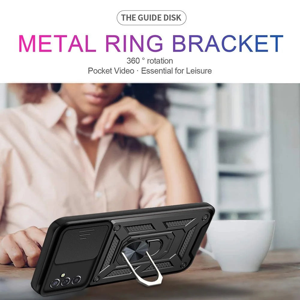 Well-protected Drop-proof Camera Slide Cover Ring Holder Kickstand Design PC + TPU Phone Cover Case for Samsung Galaxy M52 5G - Black - 2