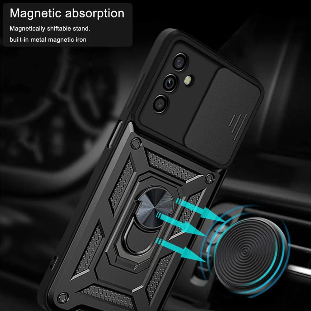 Well-protected Drop-proof Camera Slide Cover Ring Holder Kickstand Design PC + TPU Phone Cover Case for Samsung Galaxy M52 5G - Black - 3