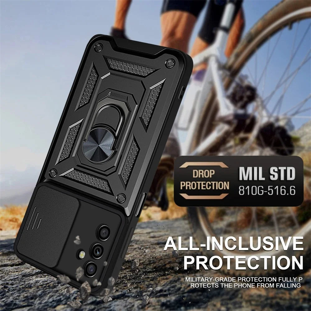 Well-protected Drop-proof Camera Slide Cover Ring Holder Kickstand Design PC + TPU Phone Cover Case for Samsung Galaxy M52 5G - Black - 4
