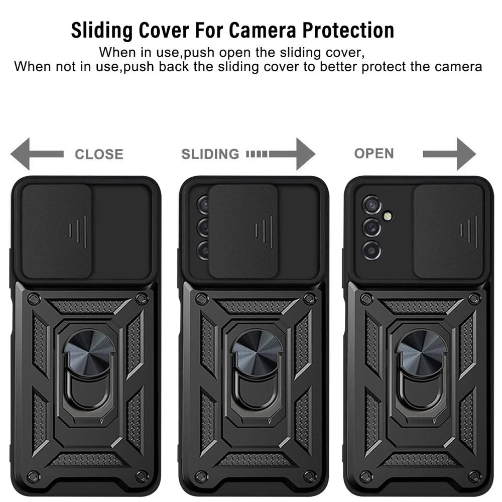 Well-protected Drop-proof Camera Slide Cover Ring Holder Kickstand Design PC + TPU Phone Cover Case for Samsung Galaxy M52 5G - Black - 5