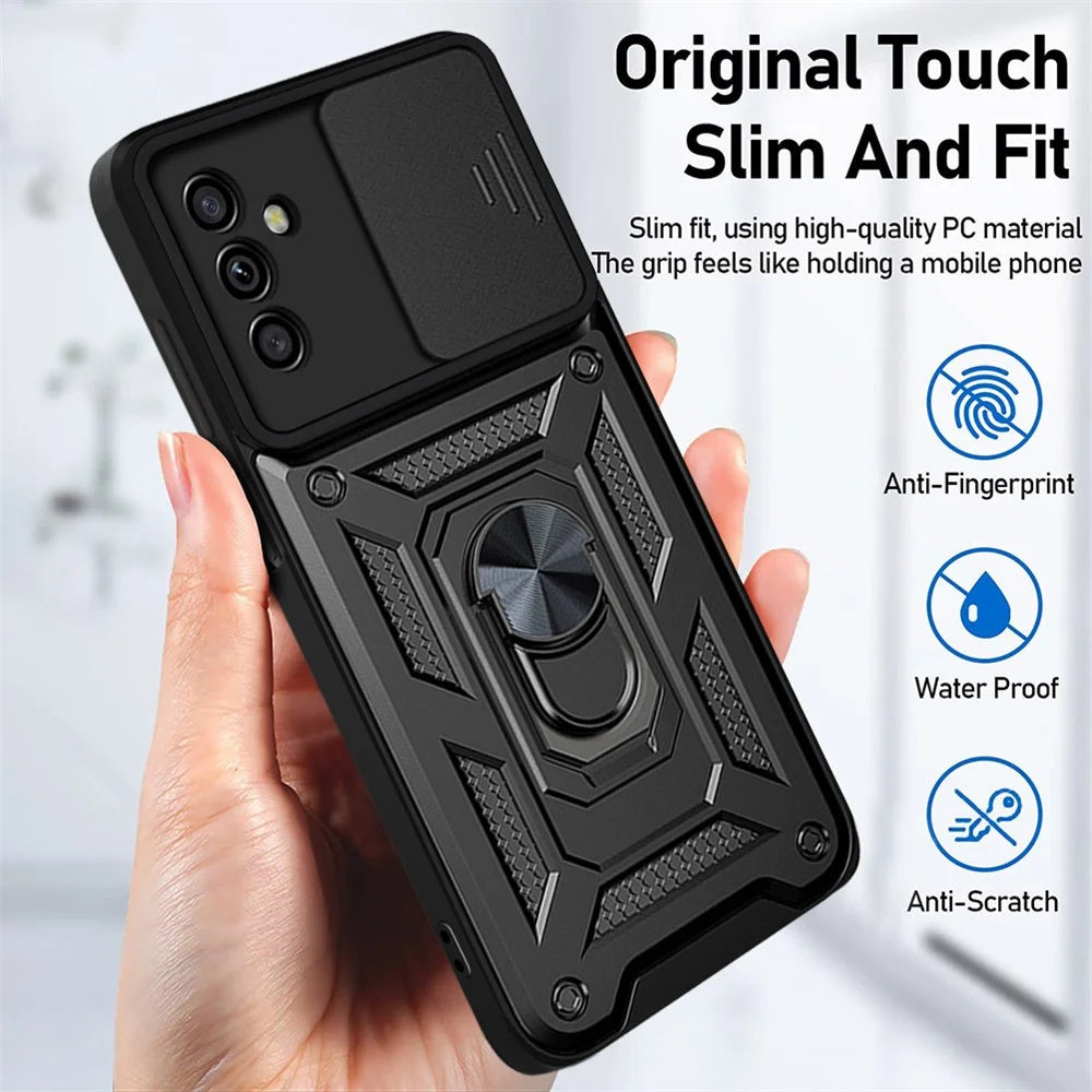 Well-protected Drop-proof Camera Slide Cover Ring Holder Kickstand Design PC + TPU Phone Cover Case for Samsung Galaxy M52 5G - Black - 6