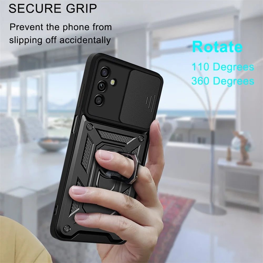 Well-protected Drop-proof Camera Slide Cover Ring Holder Kickstand Design PC + TPU Phone Cover Case for Samsung Galaxy M52 5G - Black - 7