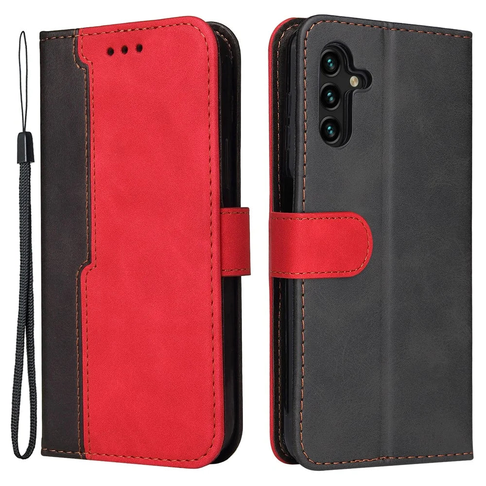 For Samsung Galaxy A13 5G / A04s 4G (164.7mm) Bi-color Splicing Business Style Anti-fall Leather Phone Case Stand Wallet Cover - Red - 1