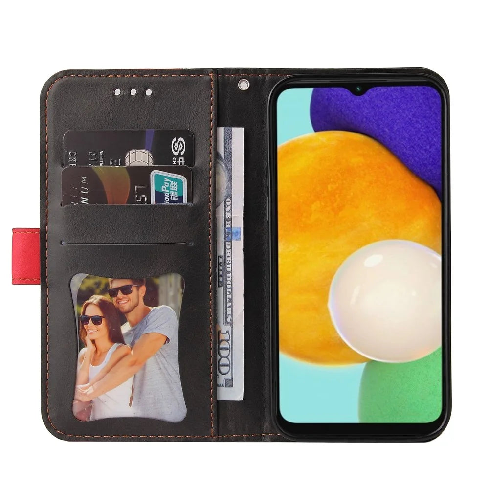 For Samsung Galaxy A13 5G / A04s 4G (164.7mm) Bi-color Splicing Business Style Anti-fall Leather Phone Case Stand Wallet Cover - Red - 4