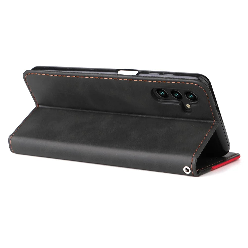 For Samsung Galaxy A13 5G / A04s 4G (164.7mm) Bi-color Splicing Business Style Anti-fall Leather Phone Case Stand Wallet Cover - Red - 5