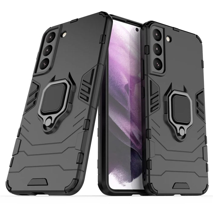 Dual Layer Soft Flexible TPU Hard PC Shockproof Protective Case with Ring Holder Kickstand for Samsung Galaxy S22+ 5G - Black - 1