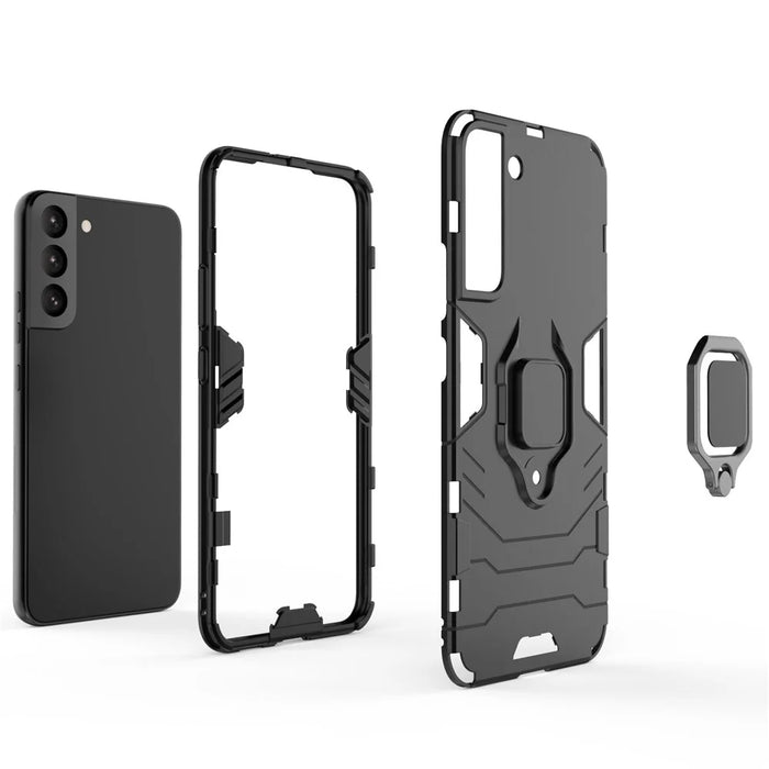 Dual Layer Soft Flexible TPU Hard PC Shockproof Protective Case with Ring Holder Kickstand for Samsung Galaxy S22+ 5G - Black - 7