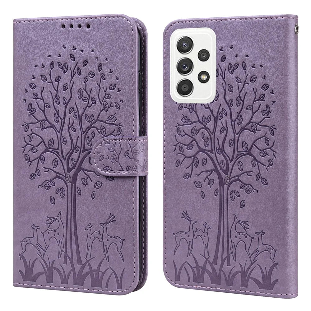 Deer Tree Pattern Imprint PU Leather Wallet Stand Phone Protective Case Cover for Samsung Galaxy A33 5G - Purple - 1