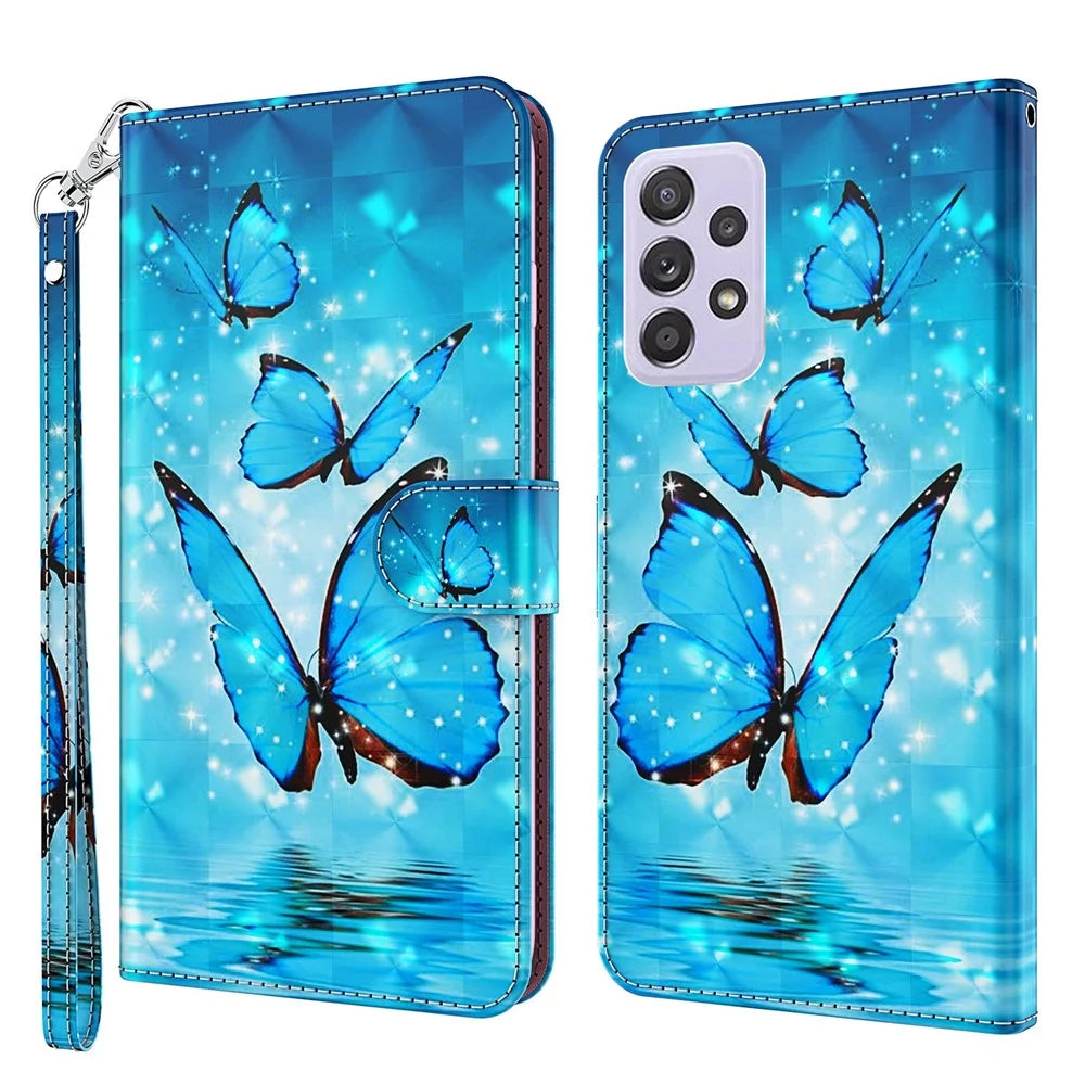PU Leather Case 3D Pattern Printing Magnetic Wallet Stand Flip Cover with Strap for Samsung Galaxy A33 5G - Blue Butterflies - 1