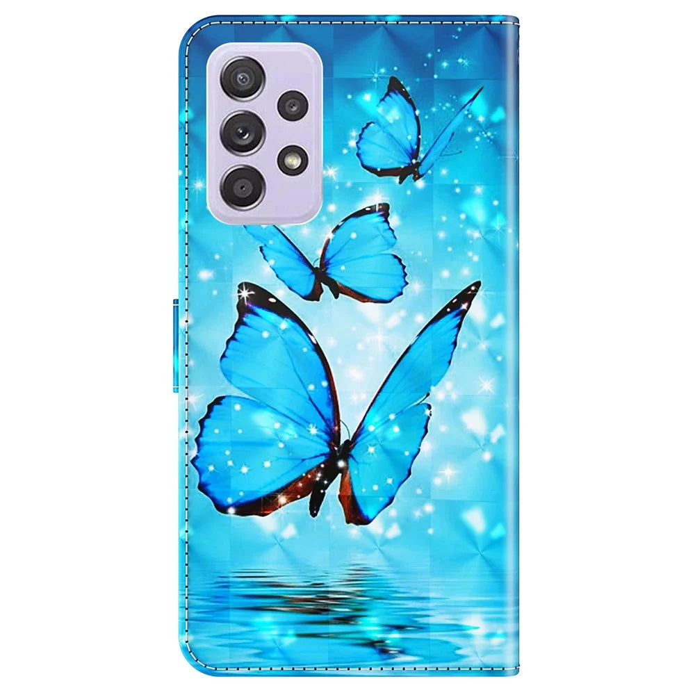PU Leather Case 3D Pattern Printing Magnetic Wallet Stand Flip Cover with Strap for Samsung Galaxy A33 5G - Blue Butterflies - 3