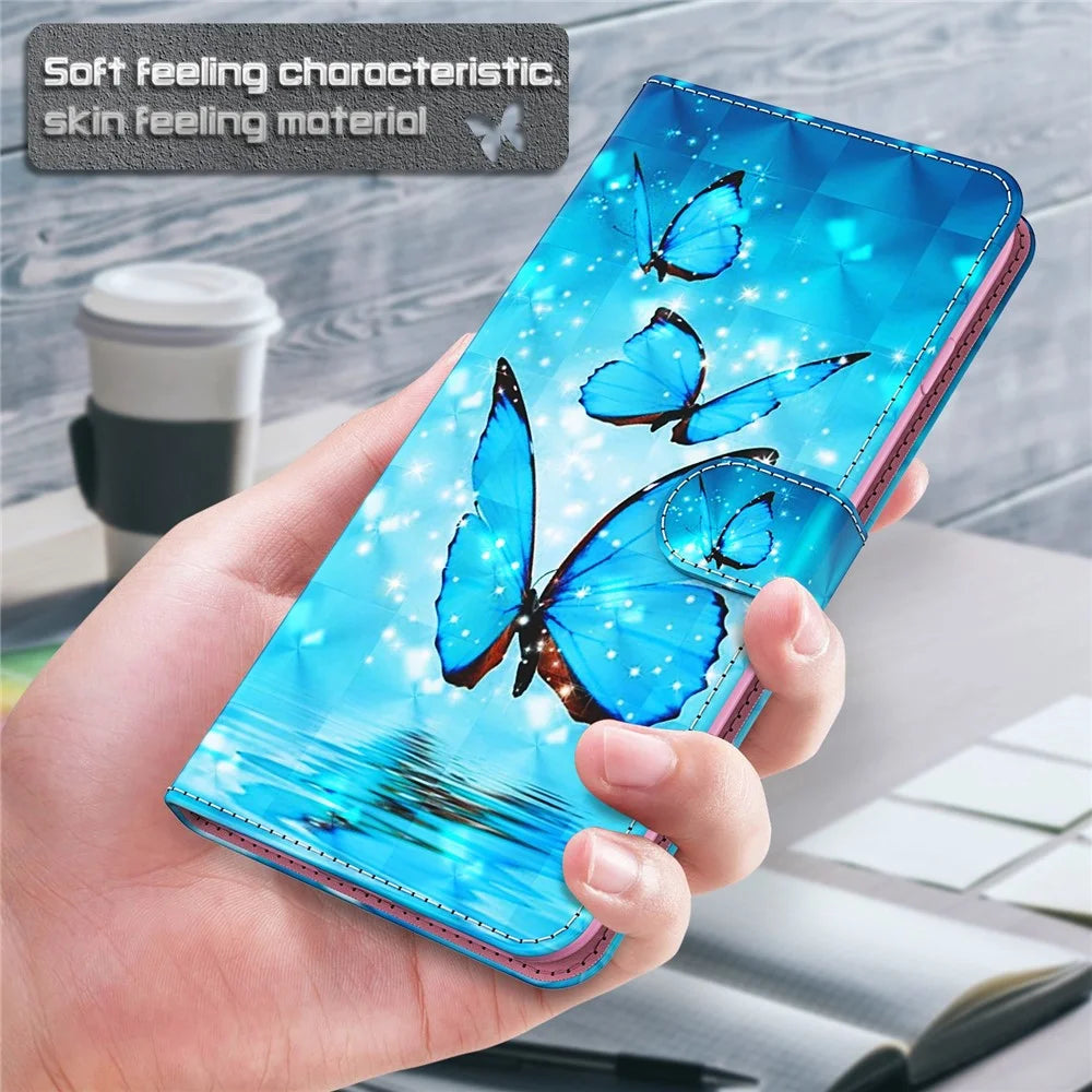 3D Pattern Printing PU Leather Wallet Case Stand Feature Flip Folio Cover with Strap for Samsung Galaxy A53 5G - Blue Butterflies - 7