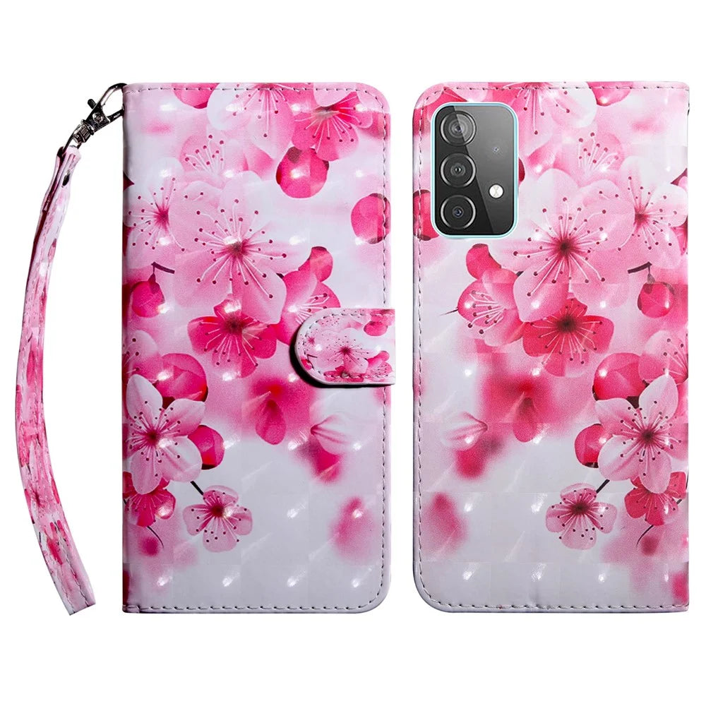 PU Leather 3D Pattern Printing Magnetic Wallet Case Stand Function Flip Folio Cover with Strap for Samsung Galaxy A33 5G - Peach Blossom - 1