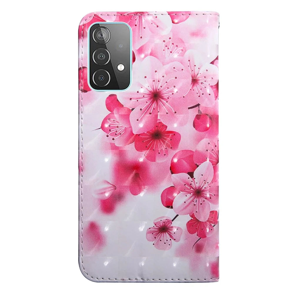 PU Leather 3D Pattern Printing Magnetic Wallet Case Stand Function Flip Folio Cover with Strap for Samsung Galaxy A33 5G - Peach Blossom - 3
