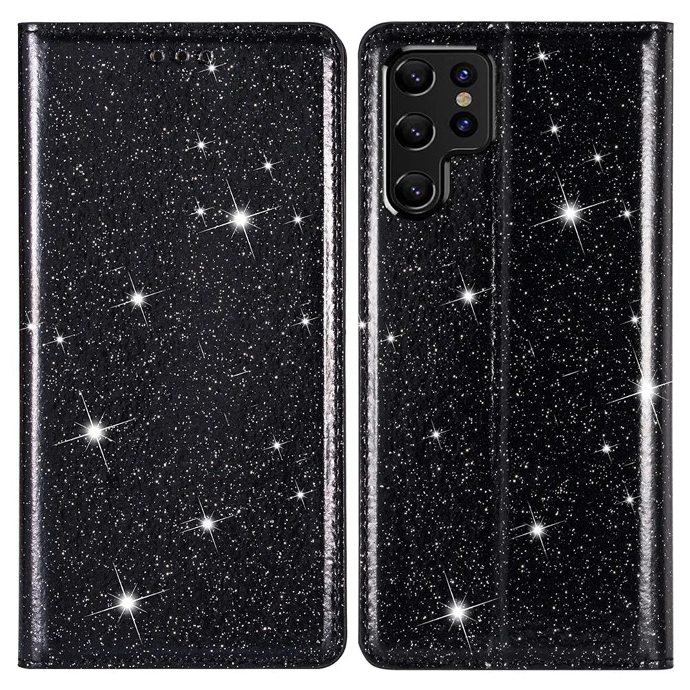 Flash Glitter Stand Design Auto Closing Magnet Leather Phone Case Cover with Card Holder for Samsung Galaxy S22 Ultra 5G - Black - 1