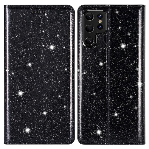 Flash Glitter Stand Design Auto Closing Magnet Leather Phone Case Cover with Card Holder for Samsung Galaxy S22 Ultra 5G - Black - 1