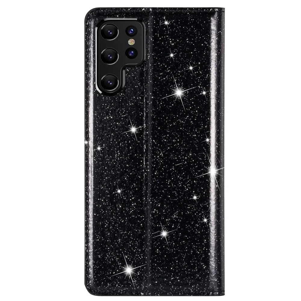 Flash Glitter Stand Design Auto Closing Magnet Leather Phone Case Cover with Card Holder for Samsung Galaxy S22 Ultra 5G - Black - 3