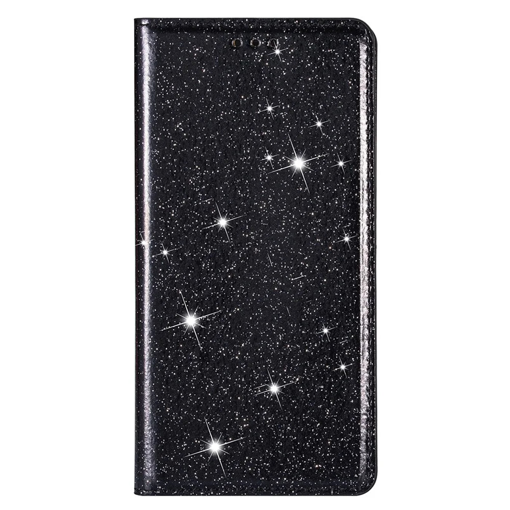 Glitter Powder Ultra-thin Card Slot Stand Leather Case Phone Cover for Samsung Galaxy S22+ 5G - Black - 2