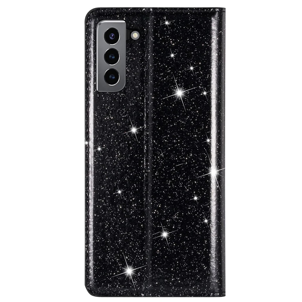 Glitter Powder Ultra-thin Card Slot Stand Leather Case Phone Cover for Samsung Galaxy S22+ 5G - Black - 3