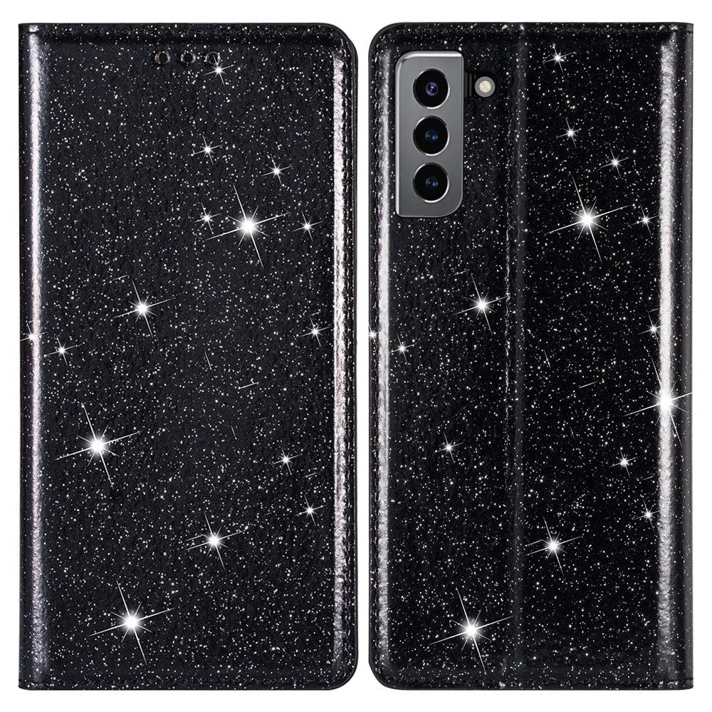 Ultra-thin Glitter Sequin PU Leather Magnetic Auto-absorbed Phone Case Stand Cover with Card Slot for Samsung Galaxy S22 5G - Black - 1