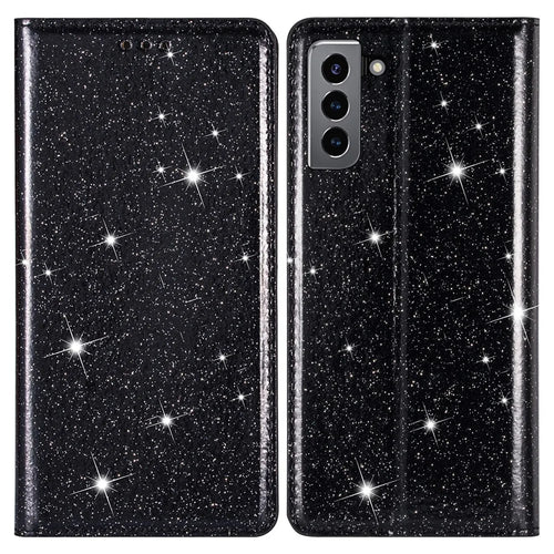 Ultra-thin Glitter Sequin PU Leather Magnetic Auto-absorbed Phone Case Stand Cover with Card Slot for Samsung Galaxy S22 5G - Black - 1
