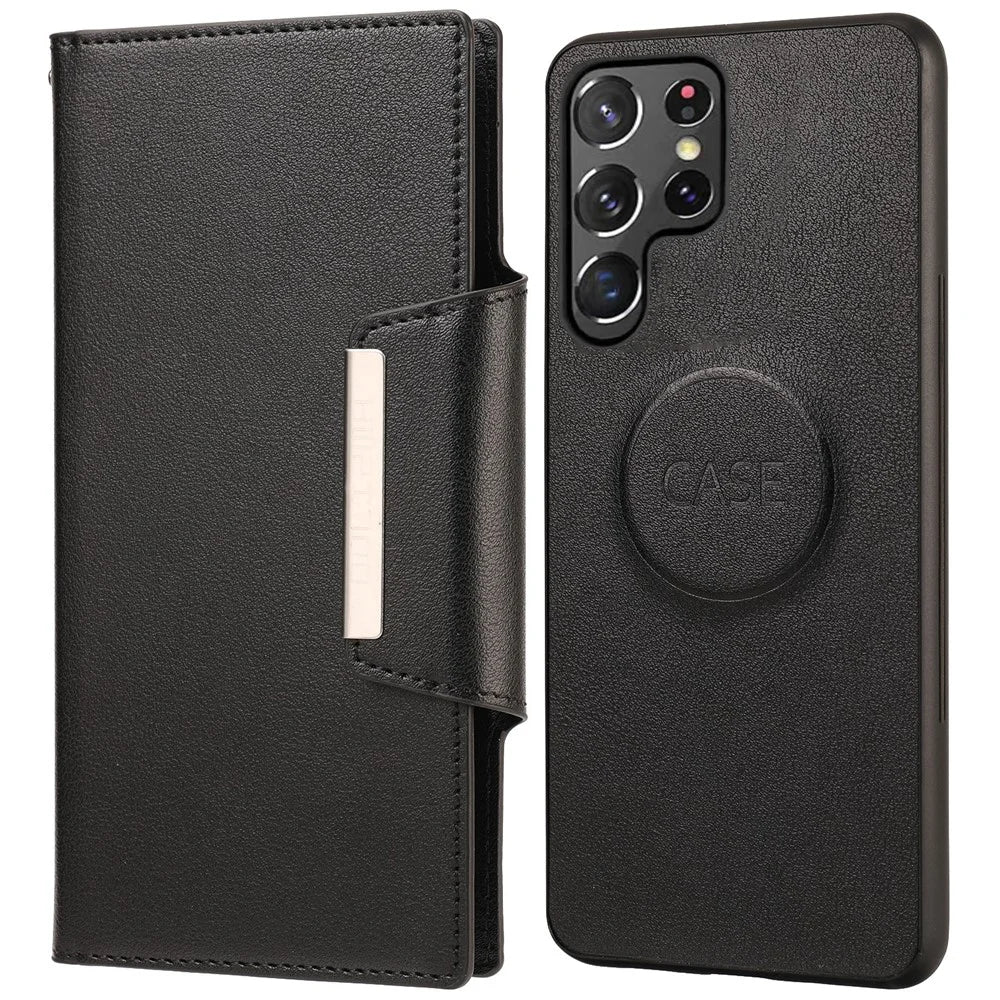 Ultra-thin Detachable Drop-proof Leather Wallet Phone Protective Case Cover for Samsung Galaxy S22 Ultra 5G - Black - 1