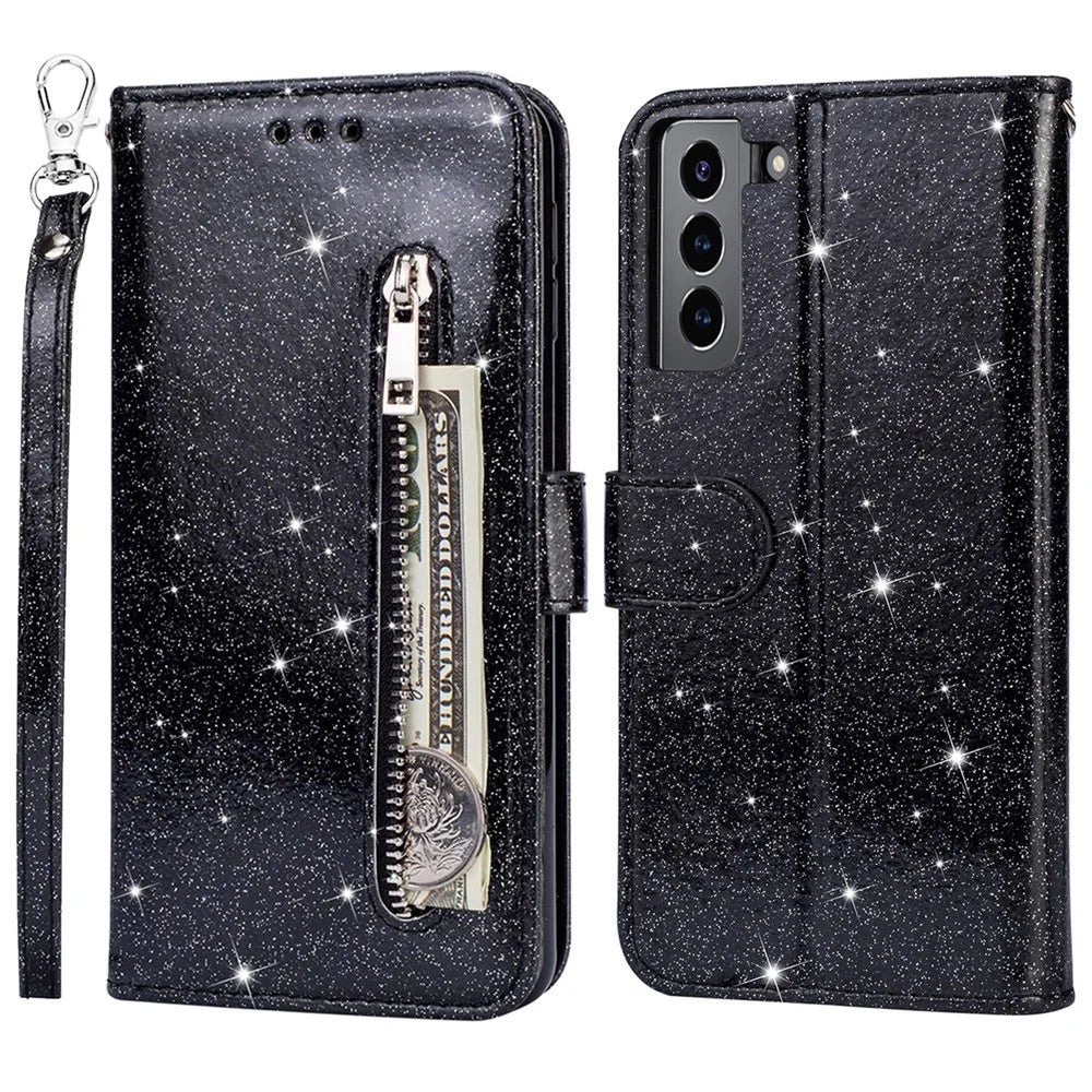 Glitter Sequins Leather Phone Wallet Stand Case Cover with Zipper Pocket Design for Samsung Galaxy S22 5G - Black - 1